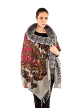 Load image into Gallery viewer, Double face printed cashmere shawl with silver fox trim 