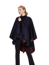 Load image into Gallery viewer, Double face cashmere cape with fox pom pom