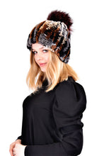 Load image into Gallery viewer, Knitted rex rabbit beanie with fox pom pom