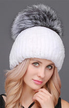 Load image into Gallery viewer, Rex rabbit beanie with silver fox pom pom