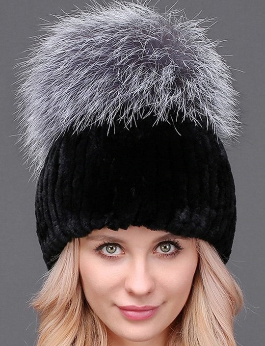 Buy Rex Rabbit Beanie With Silver Fox Pom Pom | Volare New York display picture 2