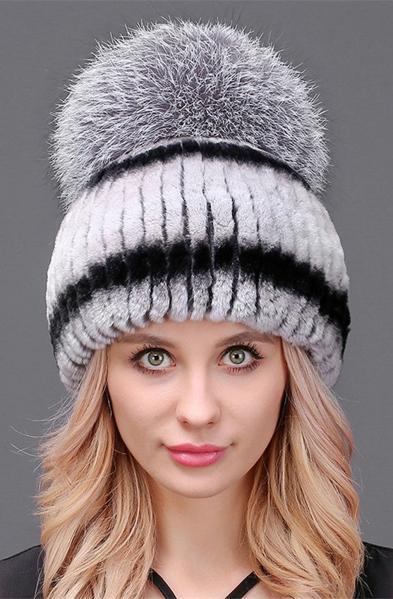 Buy Rex Rabbit Beanie With Silver Fox Pom Pom | Volare New York display picture 1