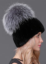 Load image into Gallery viewer, Rex rabbit beanie with silver fox pom pom