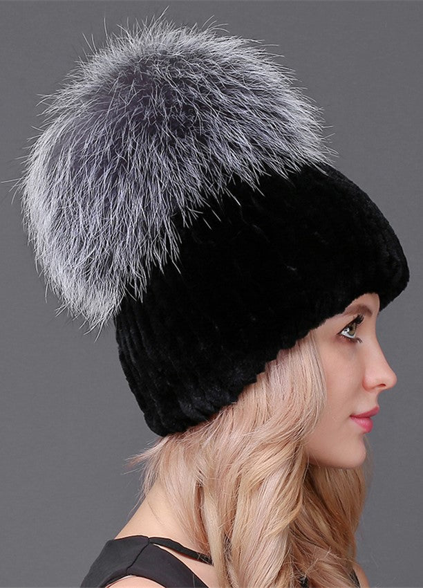 Buy Rex Rabbit Beanie With Silver Fox Pom Pom | Volare New York display picture 1