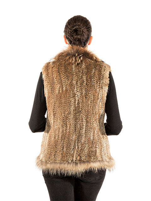 Knitted Rabbit Fur Vest with Raccoon Fur Inserts Orange / L/XL