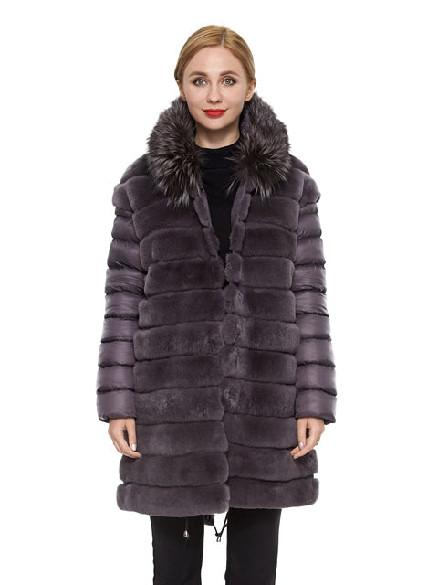 Buy Rex Rabbit Coat with Hood Silver Fox Trim | Volare New York