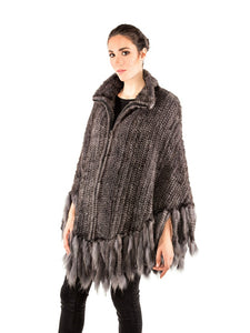 Knitted mink poncho with zipper & fringes