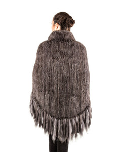 Knitted mink poncho with zipper & fringes