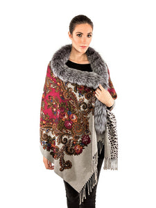 Double face printed cashmere shawl with silver fox trim 