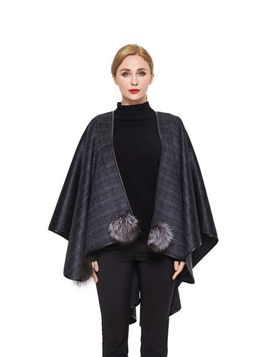 Double face cashmere cape with leather trim