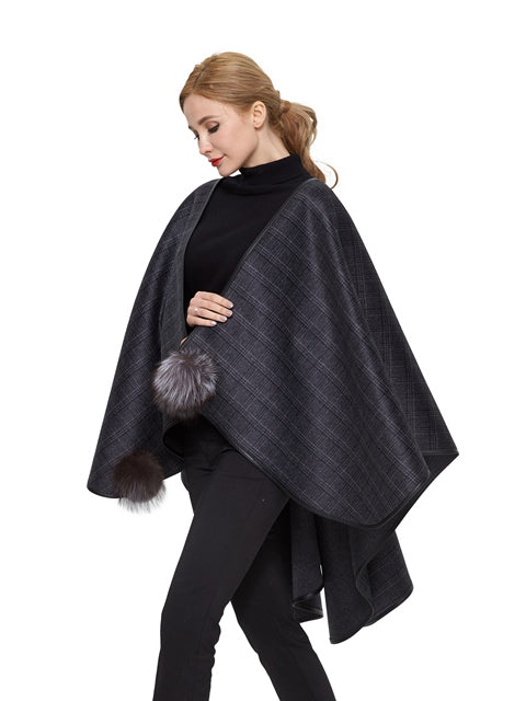 Cashmere blend cape with genuine leather trim