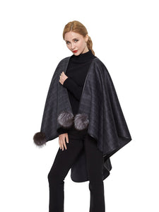 Double face cashmere cape with leather trim