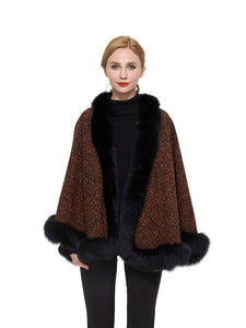 Wool blend cape with fox trim