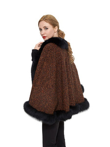 Wool blend cape with fox trim