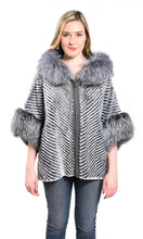 Load image into Gallery viewer, Layered rex poncho with hood silver fox trim