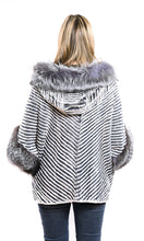 Load image into Gallery viewer, Layered rex poncho with hood silver fox trim