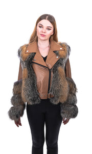 Genuine leather bomber jacket with fox
