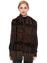 Load image into Gallery viewer, Knitted mink plaid scarf with fringe