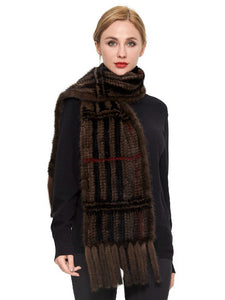 Knitted mink plaid scarf with fringe