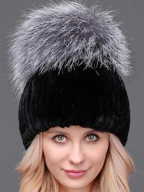Buy Rex Rabbit Beanie With Silver Fox Pom Pom | Volare New York display picture 3