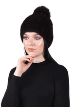 Load image into Gallery viewer, Knitted mink beanie with fox pom pom